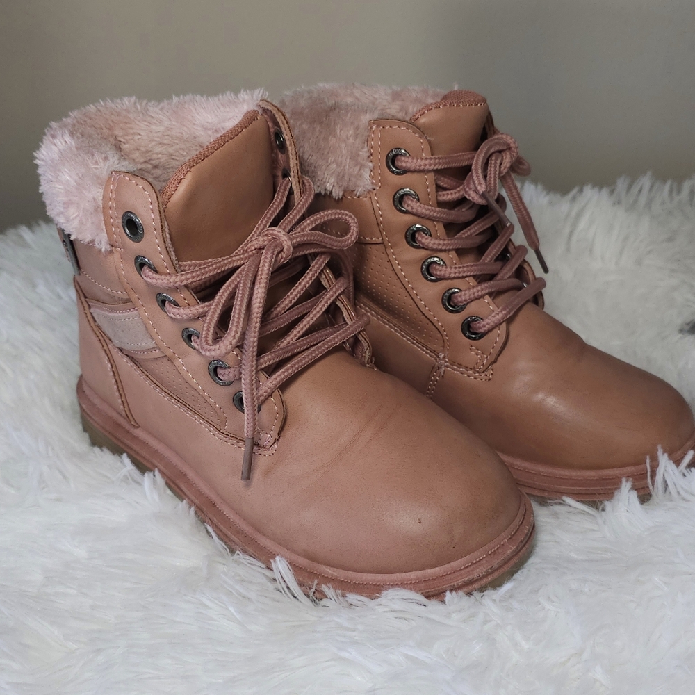 Link Girl's Whitney-37K Round Toe Faux Fur Cuff Lace-up Lug-Sole Ankle B…